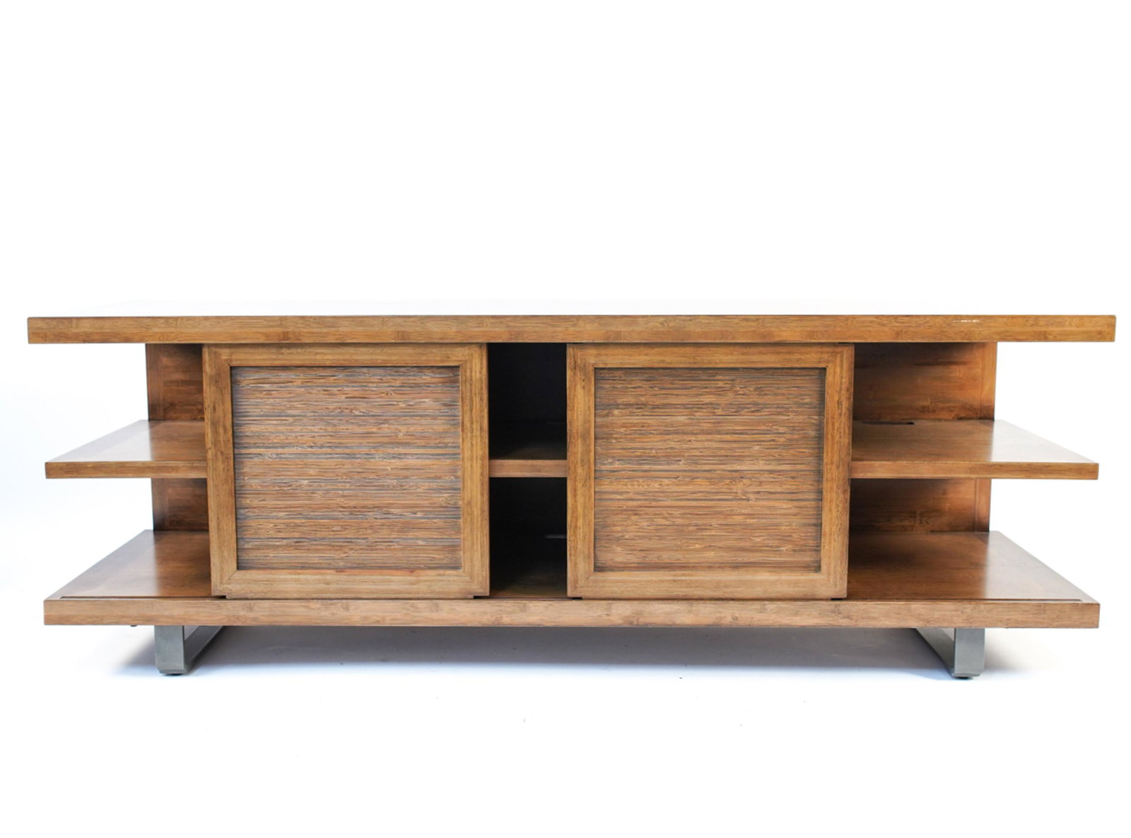 CONTEMPORARY TAMBOR-FRONT ENTERTAINMENT CREDENZA: Dimensions: H 25" x W 70" x D 70" Condition: Showing light wear consistent with use including some surface scratches, nicks, and rubs to edges.