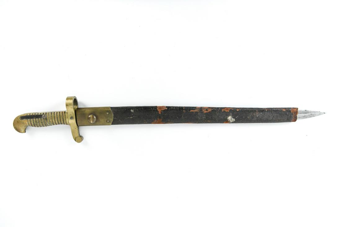 CIVIL WAR ZOUAVE SABER BAYONET: for the 1863 Remington rifle, Initialed B.H. on handle. Dimensions: (Sheathed) L 25" x W 4" x D 1" (Blade) L 20" Condition: Missing tip and wear to leather sheath. Blade showing signs of action. Patin
