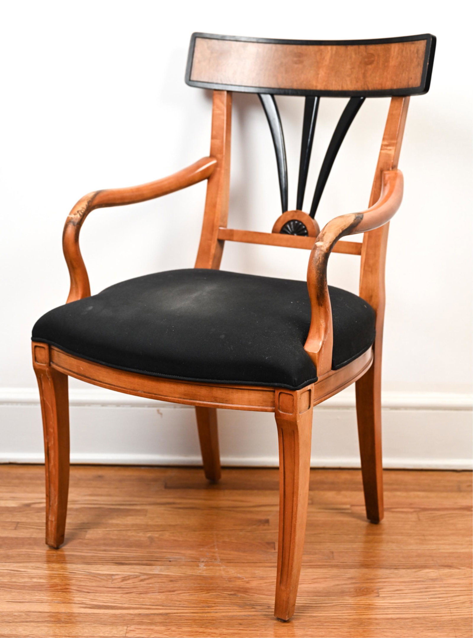 BIEDERMEIER STYLE CARVED & PAINTED WOOD ARMCHAIR: Dimensions: H 38" x W 22.5" x D 24" x SH 18" Condition: Showing moderate wear including rubbing and gouges to arms, marks and nicks to legs, and spots of soiling to cushion.
