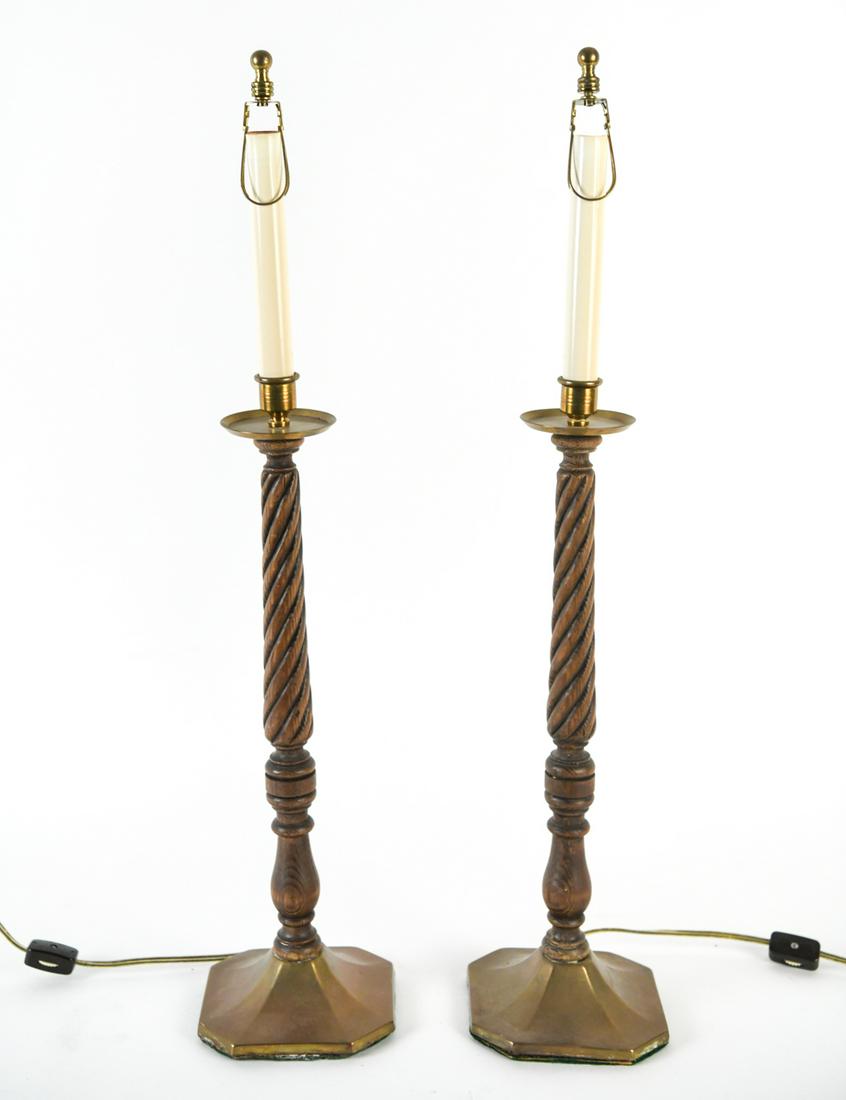 PAIR OF SPIRAL WOOD AND BRASS CANDLESTICK LAMPS (1 of 12)