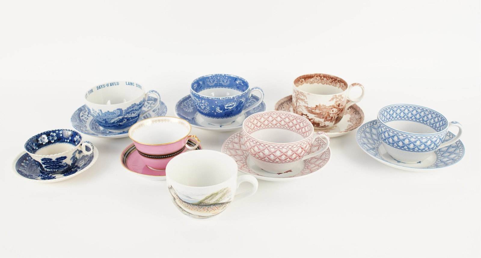 GROUPING OF VINTAGE PORCELAIN SOUP MUGS & SAUCERS: Grouping of (7) matched pairs of soup mugs or latte cups and saucers, plus (1) mug without its saucer, including: Spode Red & Blue Geranium, Camilla, Italian, and Spode's Tower; Portmeirion "The Compl