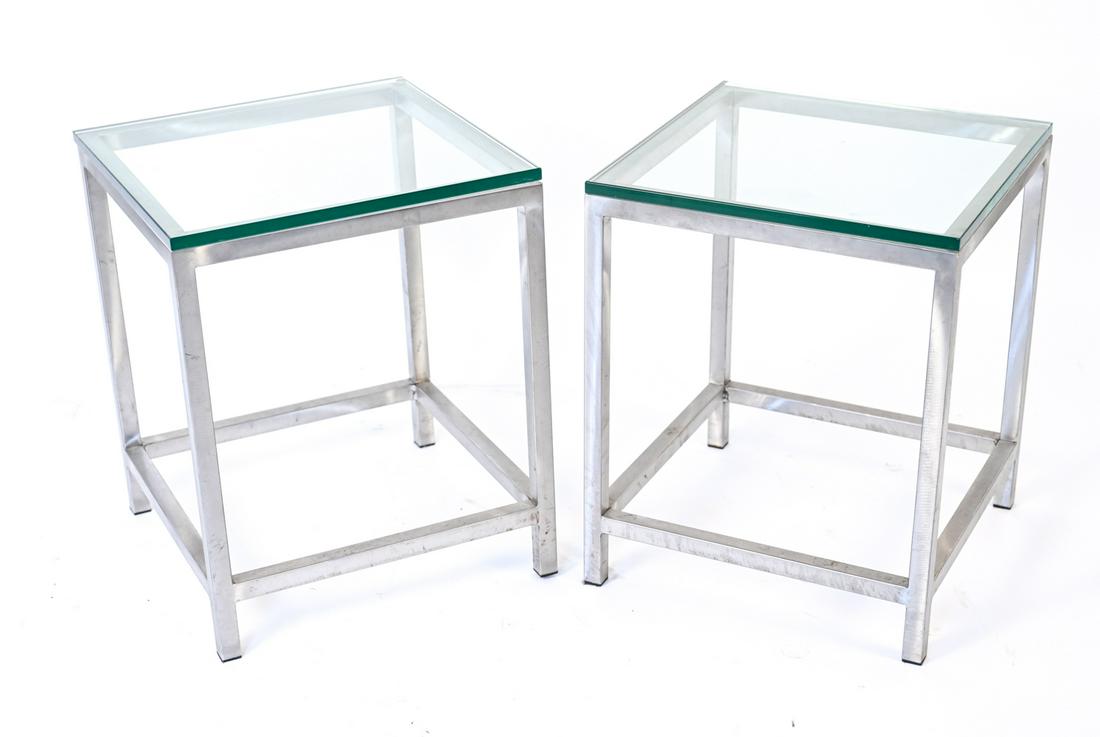 PAIR OF BRUSHED METAL & GLASS END TABLES (1 of 12)