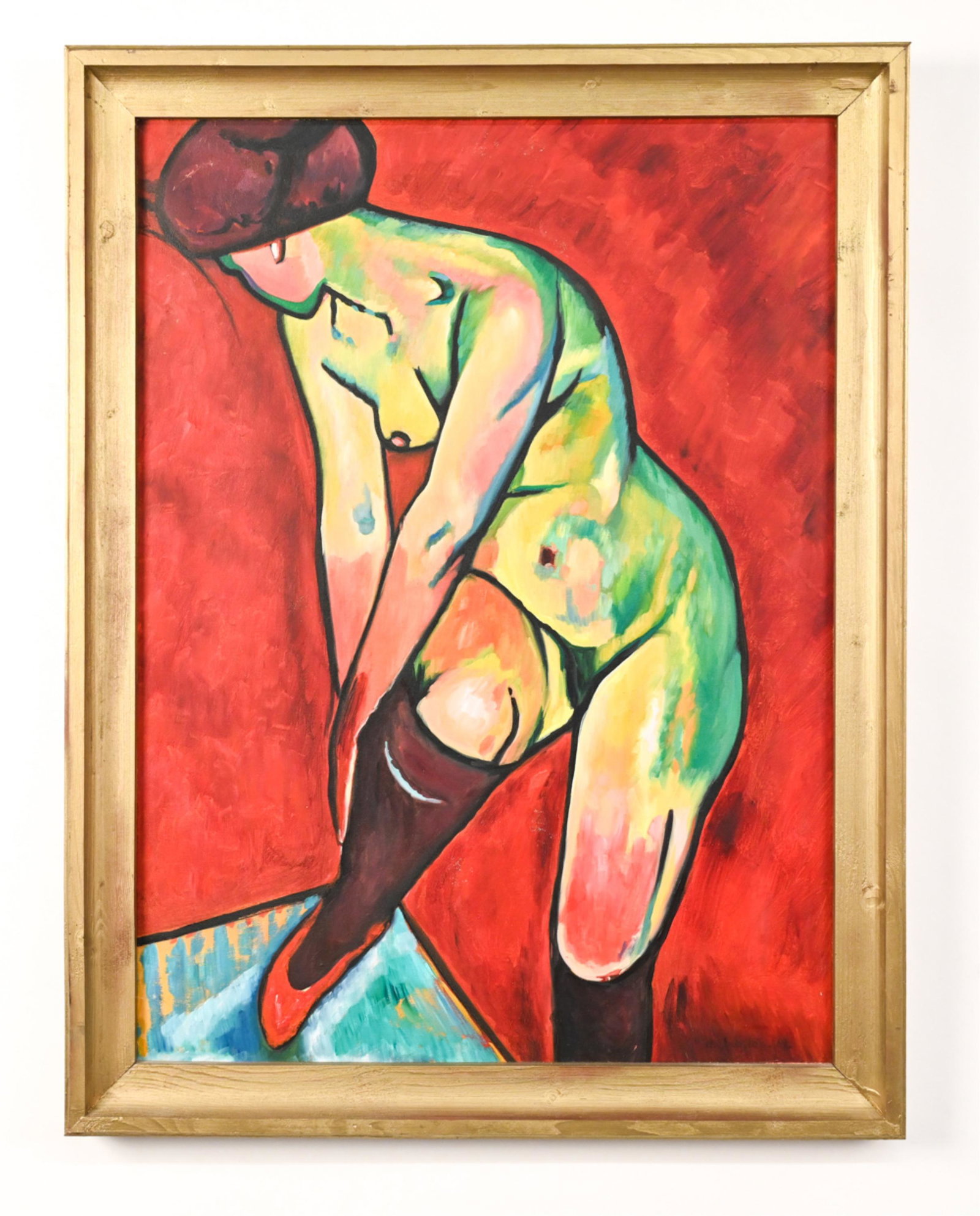DANISH MODERNIST ABSTRACT FEMALE NUDE O/C: Titled verso "Woman Pulling her Stocking." Apparently unsigned. Dimensions: (Frame) H 36.25" x W 27.75", (Canvas) H 32" x W 24" Condition: Overall light wear including few spots of surface dirt.