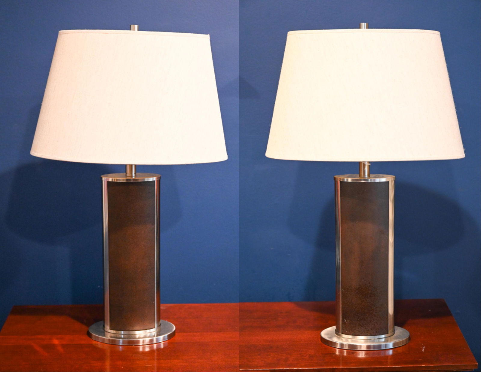 PAIR OF BRUSHED METAL & FAUX LEATHER TABLE LAMPS (1 of 10)