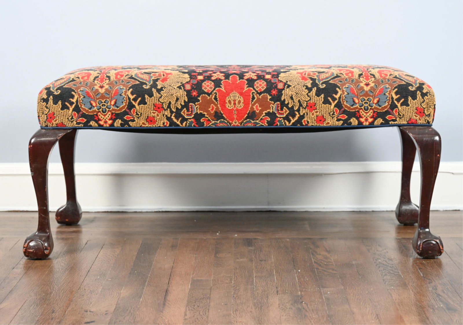 LARGE CHIPPENDALE STYLE UPHOLSTERED BENCH (1 of 13)