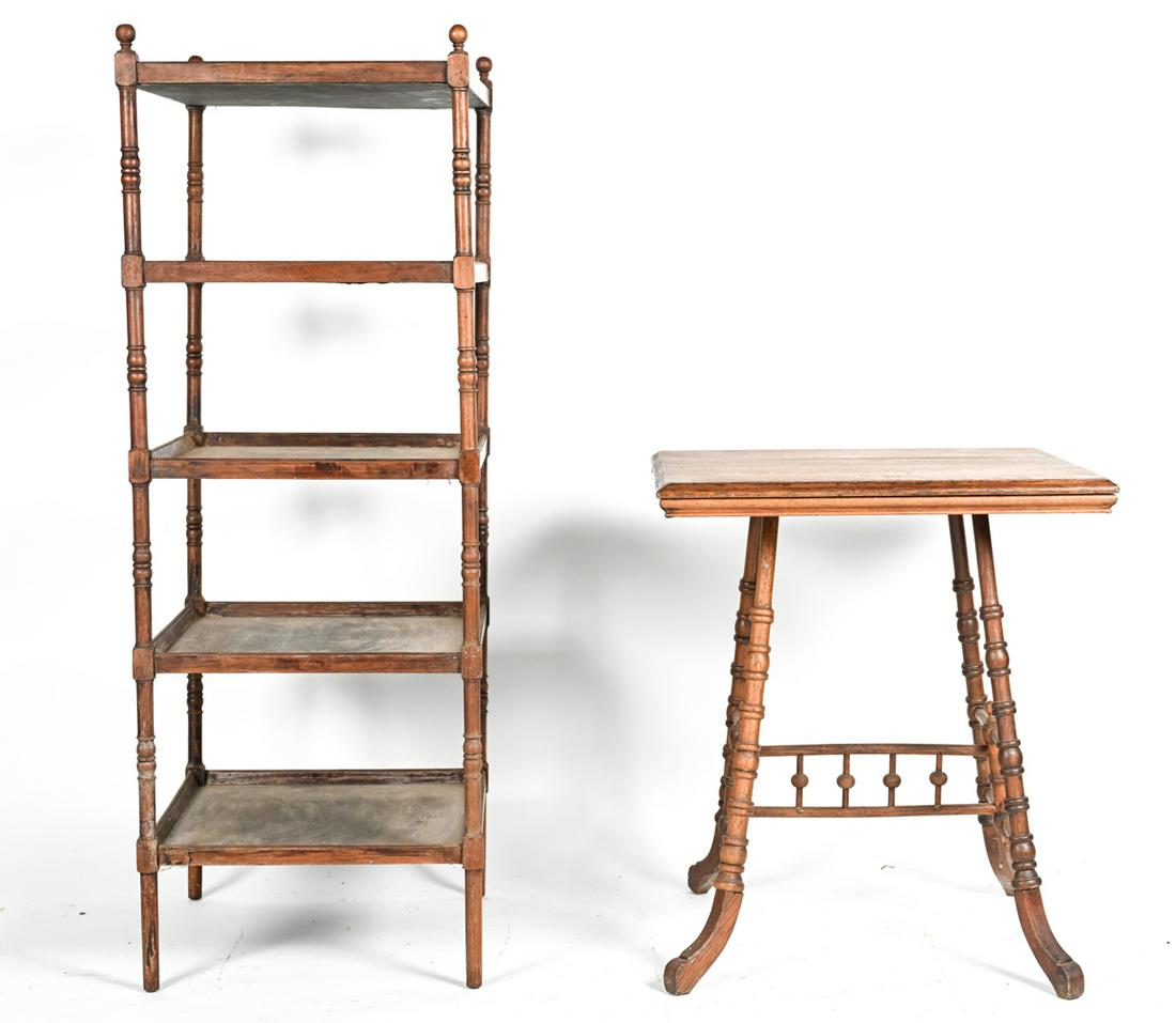 Victorian Tiger Oak Side Table & Antique Etagere