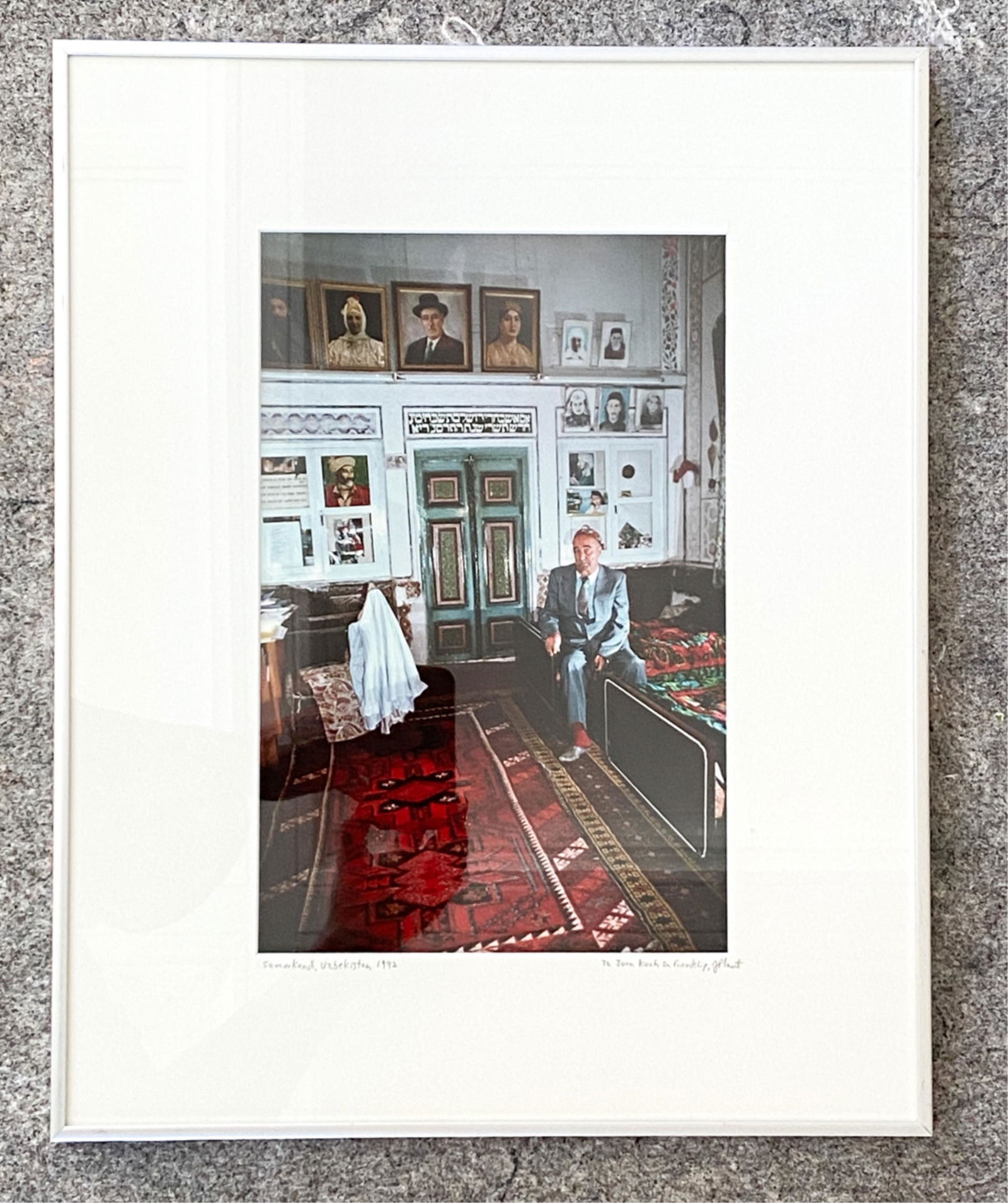 THE HISTORY PROFESSOR WILL NOT LEAVE SAMARKAND: Pencil signed on front "Samarkand, Uzbekistan 1992" inscribed "To John Koch in friendship, Jplant". Description of piece written on the back. Dimensions: (Frame) H 20.25" x W 16.25" (Sight) H 13.25" x