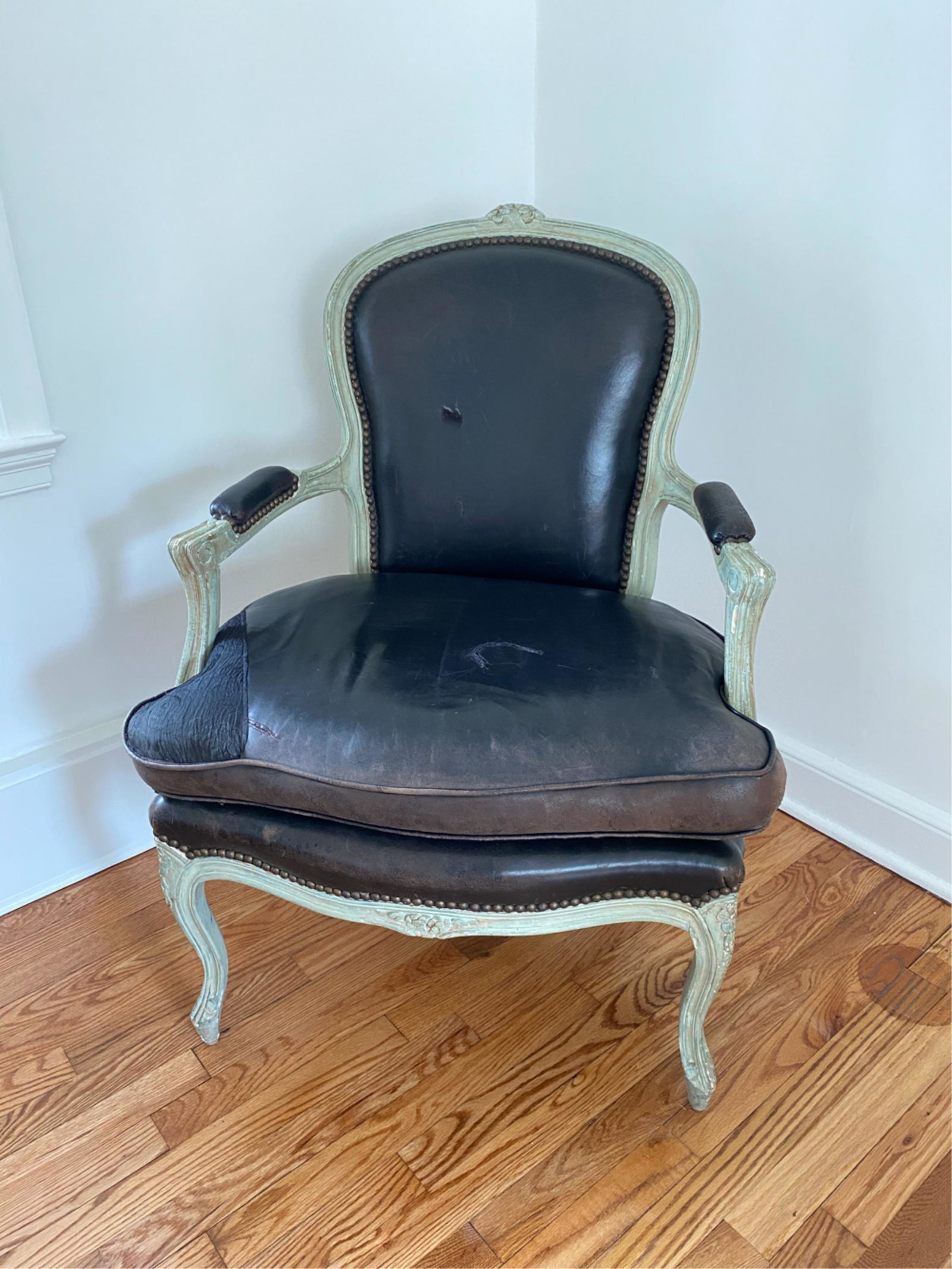 FRENCH STYLE FAUTEUIL ARMCHAIR: Dimensions: H 38" x W 27" x D 29.5" x SH 19.5" Condition: Upholstery repairs throughout. Showing wear to upholstery. Some paint loss to frame. Wear consistent with age and use. Some joint separation.