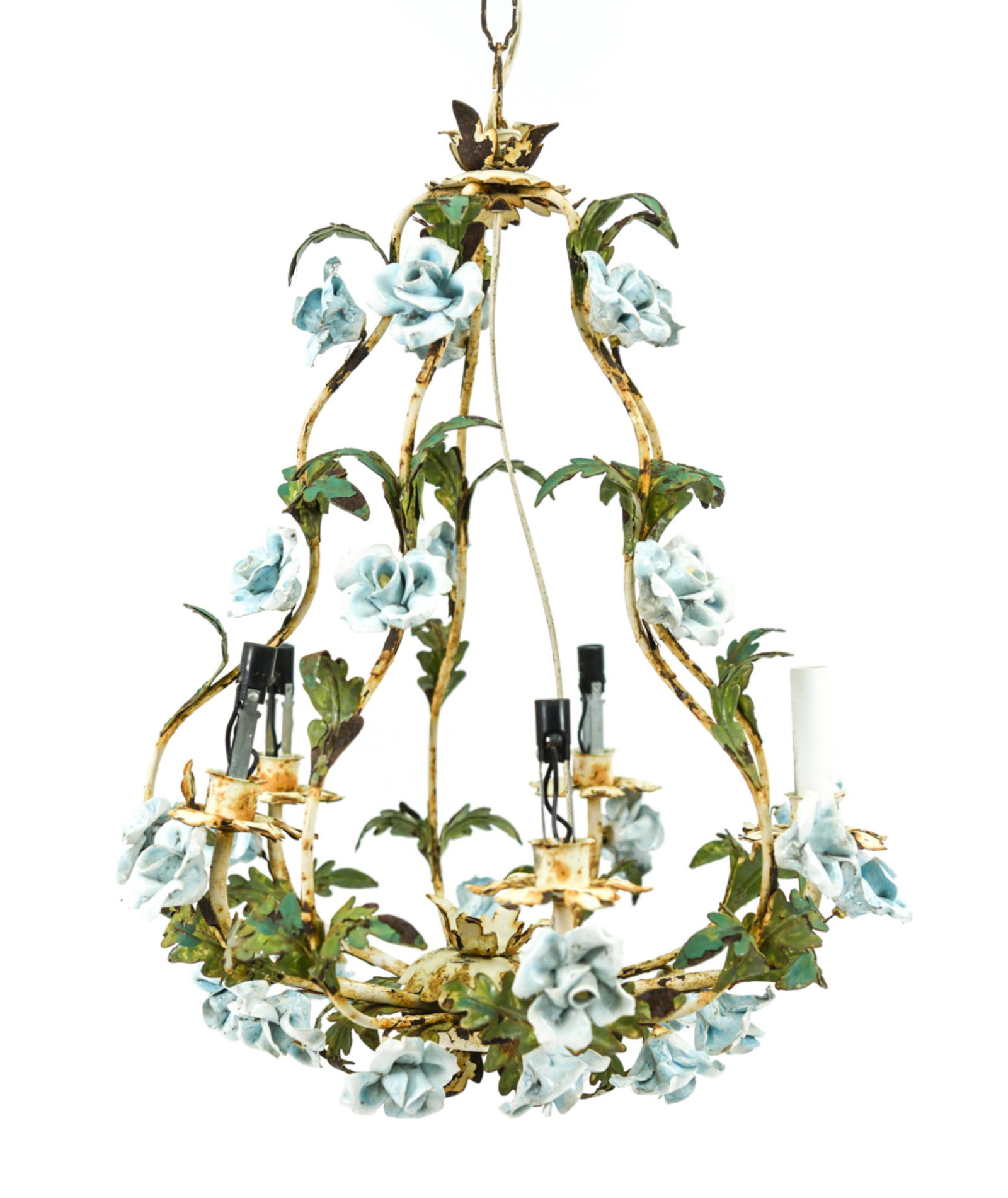 VINTAGE 5-LIGHT ENAMEL & IRON CHANDELIER: Blue and white enameled flowers, metal leaves. Dimensions: H 23" x Dia. 18" Condition: Bends, possible losses, rusting. Untested, possibly needs rewiring.