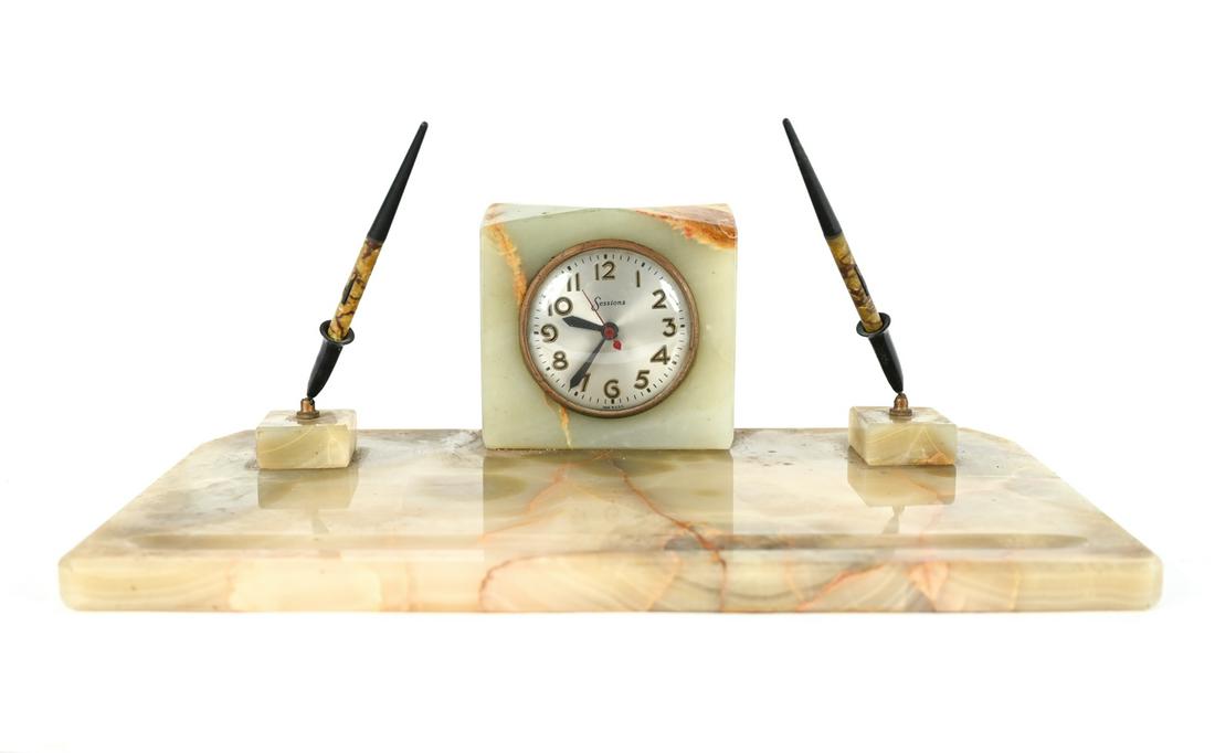 ART DECO SESSIONS GREEN ONYX DESK SET WITH CLOCK (1 of 12)
