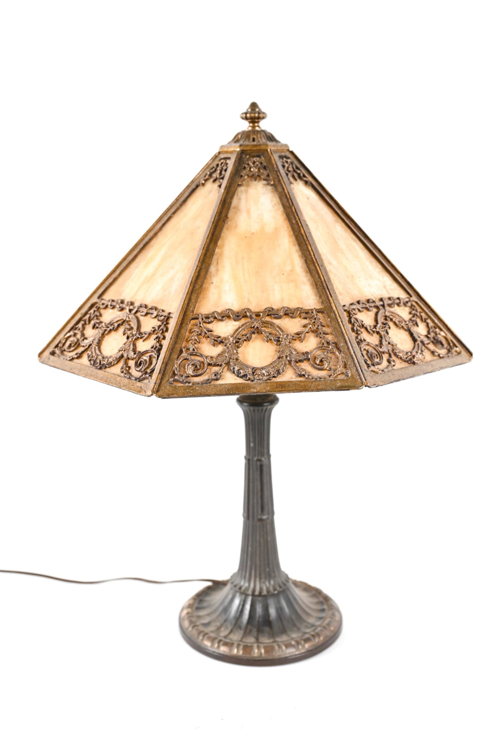 ANTIQUE SLAG GLASS TABLE LAMP: Dimensions: H (to finial) 23", (Shade) H 12" x Dia. 18.5" Condition: Shade as is, in need of repair to metal, some breaks. Not tested.