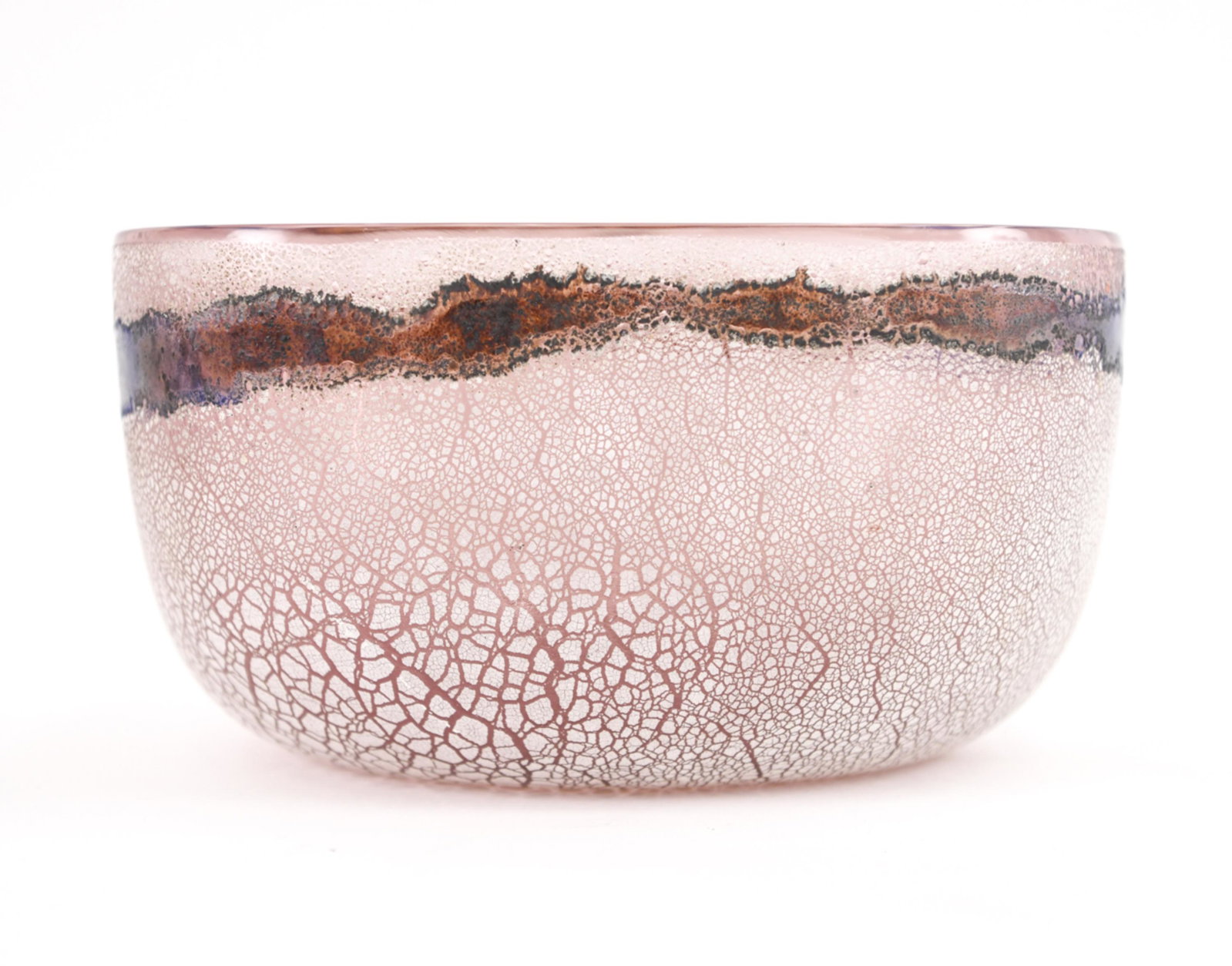 ALFREDO BARBINI FOR BARBINI LARGE SCAVO BOWL: Signed with label. In pink and blue colors with cratered scavo surface. Dimensions: H 5.75" x W 10.5" x D 10.5" Condition: No issue to note.