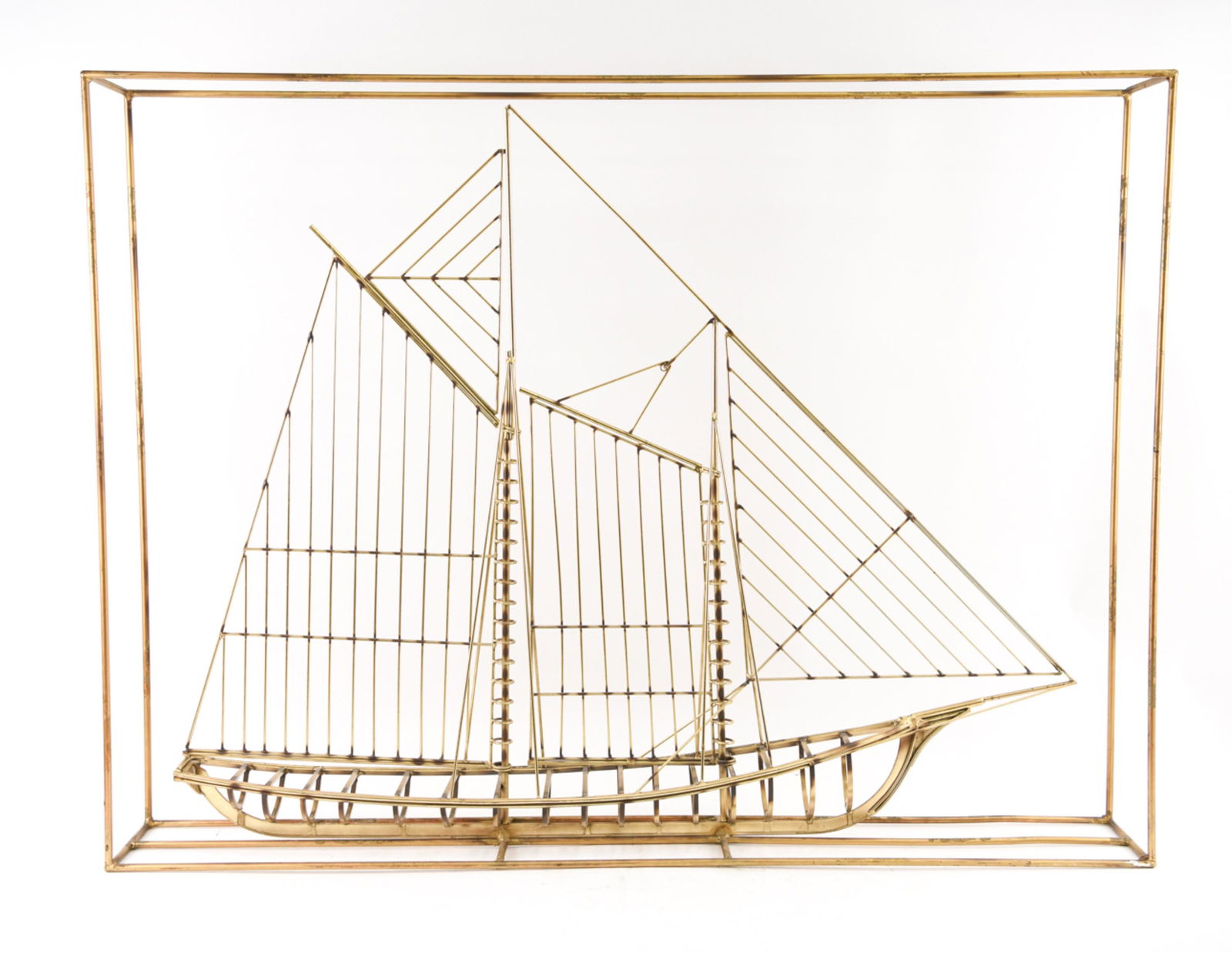 CURTIS JERE WELDED BRASS SHIP SCULPTURE: Signed. Dimensions: H 39" x W 52" x D 7" Condition: Brass finish wear consistent with age and handling. Couple slight bends to base rods.