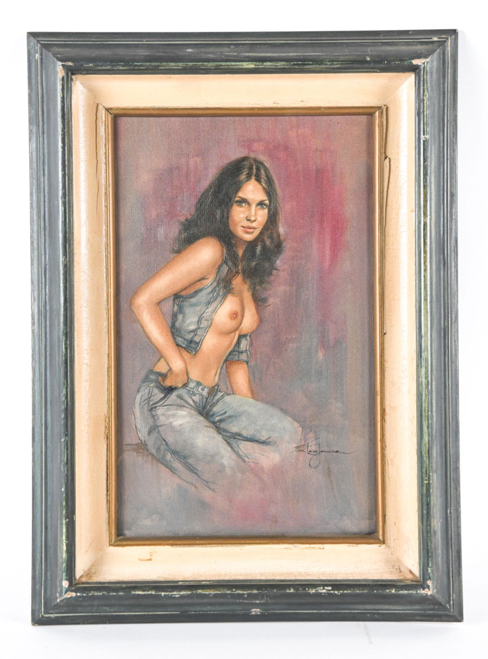 LEO JANSEN, DUTCH (1930-1980) O/C FEMALE NUDE: Signed lower right and verso. Dimensions: (Frame) H 22" x W 16" (Painting) H 16" x W 10" Condition: Damage and splits to frame; painting in good condition.