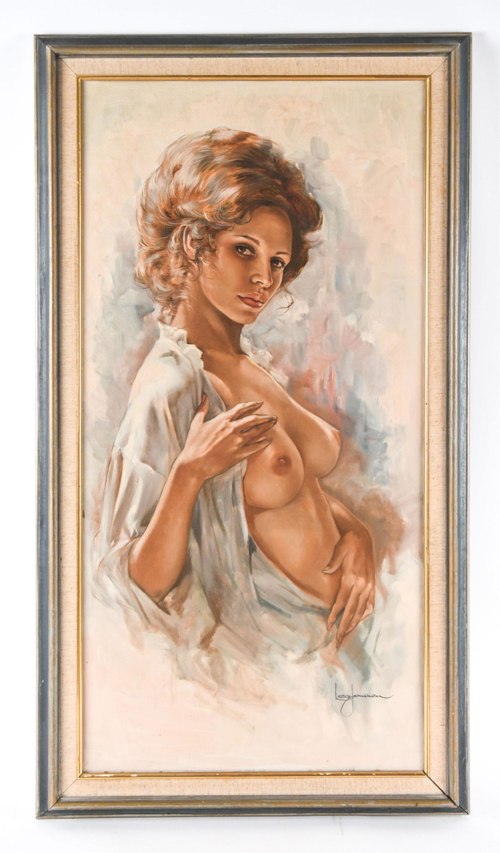LEO JANSEN, DUTCH (1930-1980) O/C FEMALE NUDE: Signed lower right and verso. Dimensions: (Frame) H 40.75" x W 22.75" (Painting) H 36" x W 18" Condition: Painting with a few small spots of soiling to left and bottom edges; faint soiling to linen li