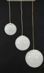 1960S LUMITRON GLASS GLOBE 3-LIGHT CHANDELIER: Fantastic Mid-Century chandelier consisting of three graduated glass globe pendants suspended from a painted metal brace. Metal stamped Lumitron; possibly designed by Robert Welch. Dimensions: H 44" x