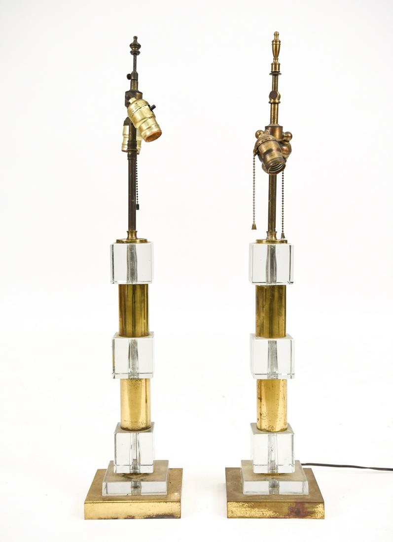 PAIR MID-CENTURY STACKED GLASS & BRASS TABLE LAMPS (1 of 14)