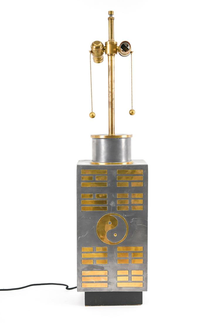 MID-CENTURY KOREAN PEWTER & BRASS TABLE LAMP: Hollow brushed pewter lamp on painted wood base, with applied brass Yin Yang and character motifs. Apparently unlabeled. Dimensions: (To finial) H 34" x W 8" x D 5.75" Condition: Not tested. Showing n