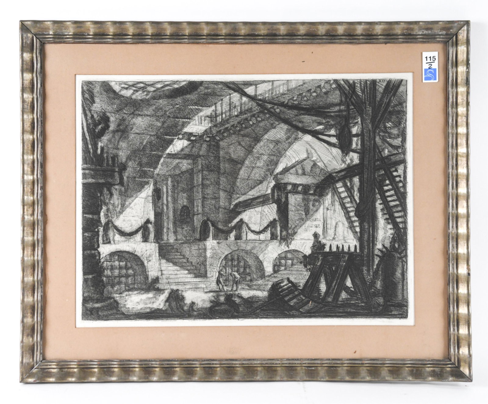 PIRANESI "SAWHORSE" FROM CARCERI D'INVENZIONE: Etching. Signed in plate lower left. With numbers XII and 360 upper right. Dimensions: (Frame) H 24" x W 29.75", (Sight) H 16.75" x W 22.5" Condition: Good impression, clean paper. Frame with some mar