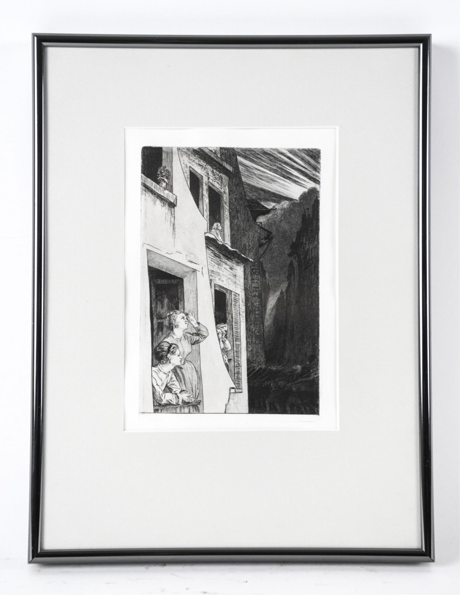 FELIX BRAQUEMOND, FRENCH (1833 - 1914) ETCHING: Rare etching "l'Eclipse" published 1869. Note the marching soldiers in the dark foreshadowing the Franco Prussian War of the following year Dimensions: (Frame) H 14.75" x W 11.25" (Sight) H 8.5" x W 6