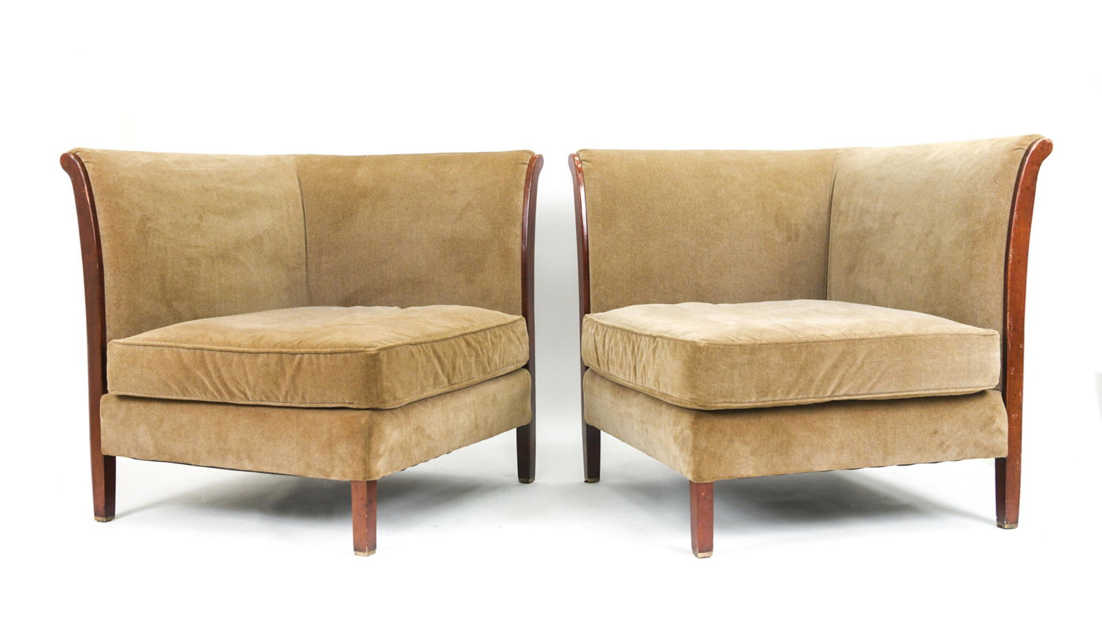 (2) VANGUARD FURNITURE MODULAR CORNER CHAIRS: With Vanguard Furniture labels under cushions; design attributed to Thom Filicia. Olive velvet upholstery. Dimensions: H 37" x W 36.5" x D 36.5" x SH 19.5" Condition: Showing normal vintage wear inclu