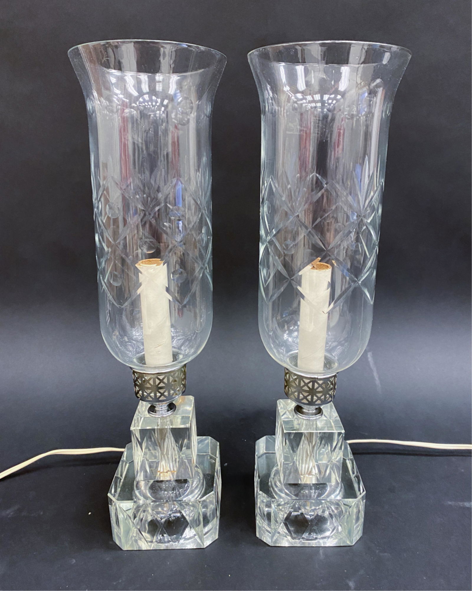 PAIR HOLLYWOOD REGENCY CUT GLASS HURRICANE LAMPS (1 of 11)
