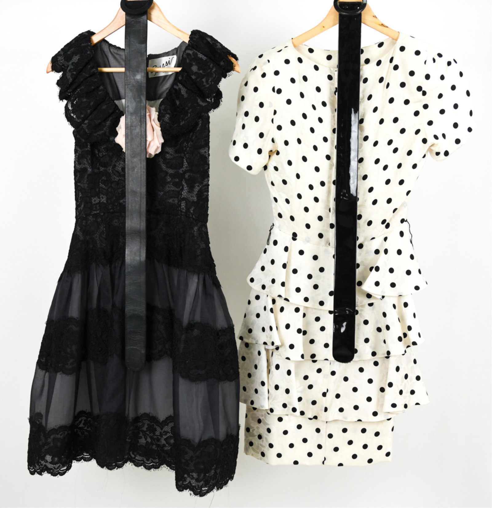 (2) 1980'S/90'S SCAASI BOUTIQUE DRESSES, SZ. 4-6: (2) Fabulous vintage Scaasi cocktail dresses, including: black lace and chiffon ruffle-cap sleeve dress, with pink silk rosette, satin belt, silk lining, and tulle underskirt, size 6; and polka dot si