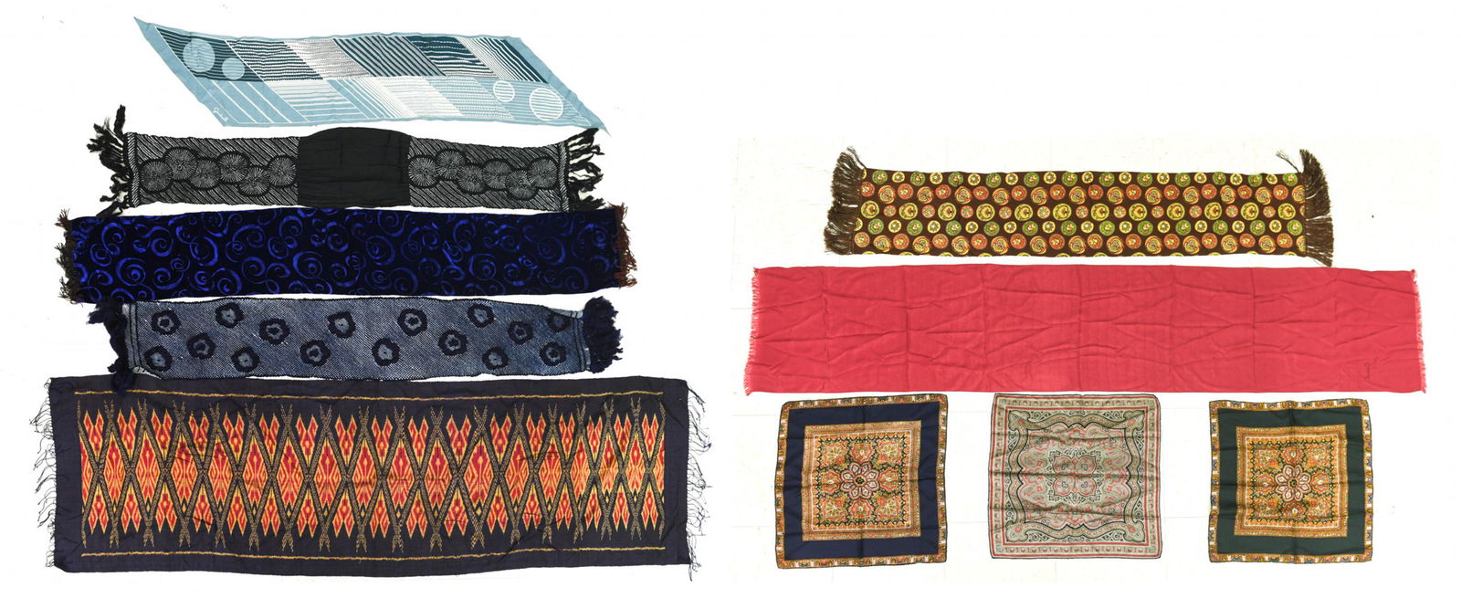 (10) VINTAGE SCARVES & HANDKERCHIEFS, MOSTLY SILK: Grouping of (10) fine scarves and handkerchiefs, including: (2) long silk scarves signed Gudule, long 1970's style medallion print tasseled silk DKNY scarf, (2) Chinese popcorn silk scarves, Thai silk