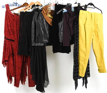 LARGE GROUP 1990'S BOHO CLOTHING INCL. GIGLI: Large grouping of (14) pieces bohemian-style women's clothing from the 1990s/Early 2000s, mostly small to medium sizes, including: Romeo Gigli black silk and velvet 2-piece dress and pants set, size I