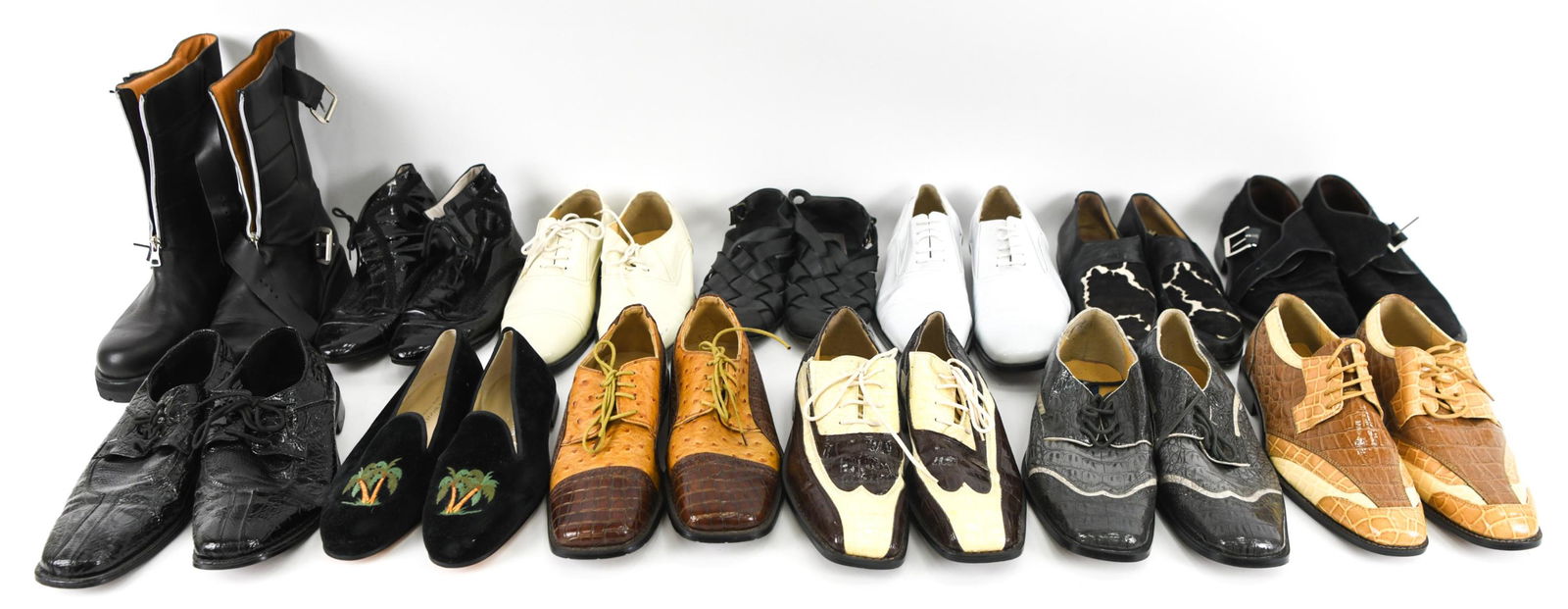 GROUPING OF VINTAGE MEN'S DESIGNER SHOES, 9-9.5: (13) Pairs of fabulous vintage shoes, mostly size 9-9.5, including Claude Montana calf-height leather boots with zip and buckle detail, size 9; Tokio Kumagai calf hair and leather loafers, size EUR 43