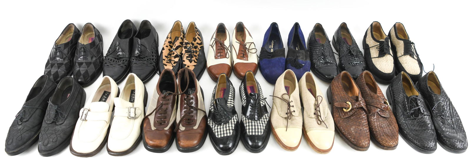 (14) PRS. VINTAGE MEN'S SHOES INCL FERRAGAMO 9-9.5: Large grouping of vintage designer men's shoes, mostly size 9 -9.5, including: Salvatore Ferragamo leather-trimmed sneakers, size 9.5, Byblos cream leather square toe buckle loafers, approx. size 9.5;