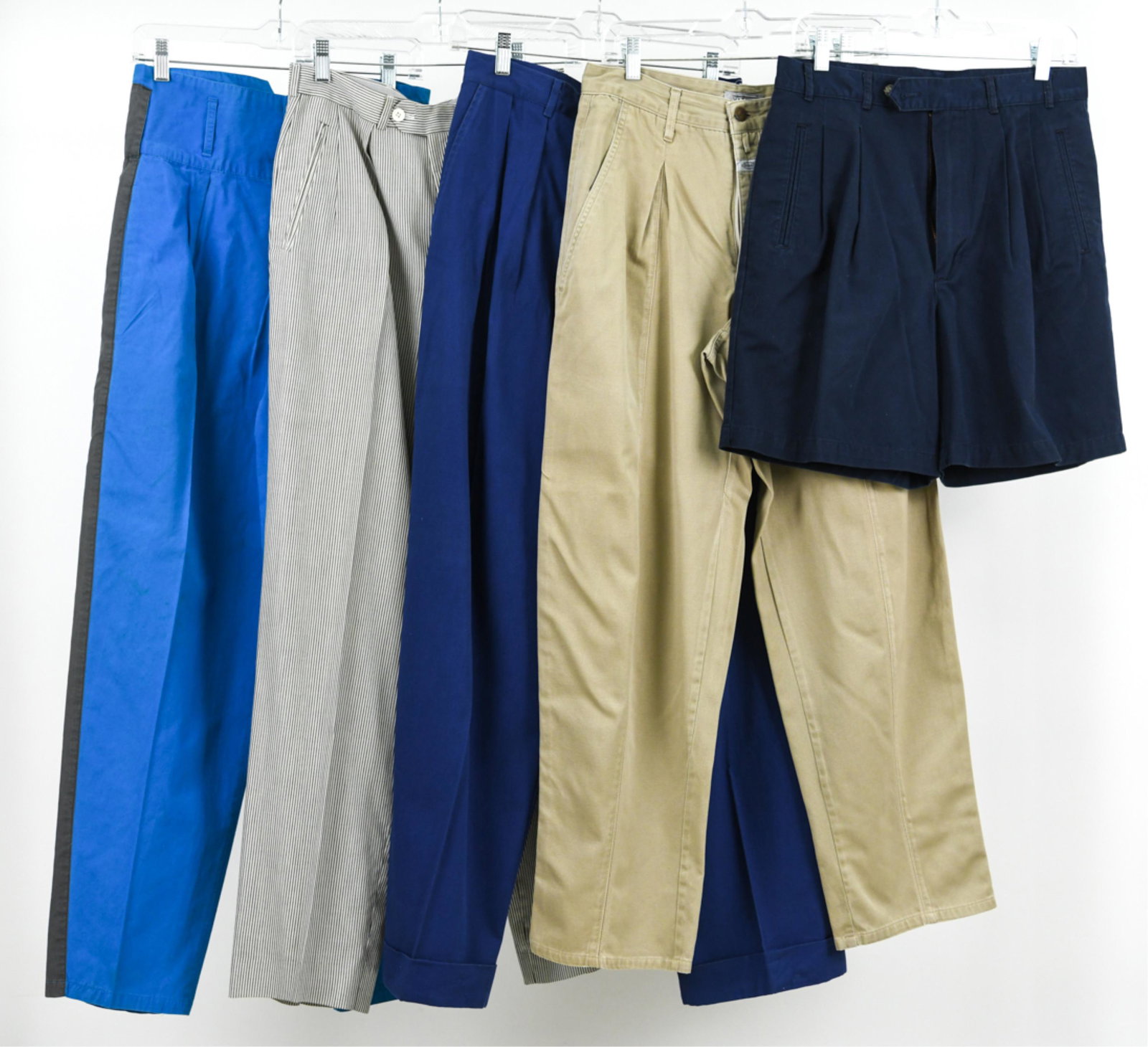(5) VINTAGE PANTS & SHORTS INCL. PARACHUTE, 29-30": Grouping of vintage designer-quality pants and shorts, including: Parachute teal blue cotton pants with snap fly and wide charcoal tuxedo stripe, approx. waist size 29"; Parachute indigo cotton twill 