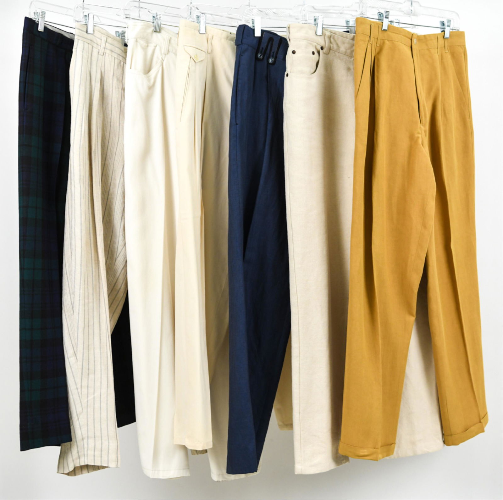 (7) VINTAGE PANTS INCL. COMME DES GARCONS, 32-34": (7) Pairs vintage couture and designer pants, including: Comme des Garcons Homme Plus striped linen trousers, approx. waist size 32"; Matsuda canvas trousers with contrast stitching, approx. waist siz