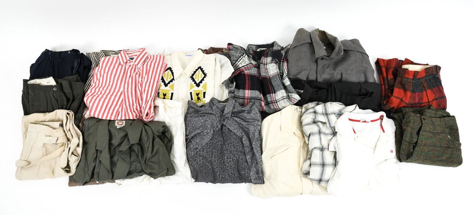 VINTAGE MEN'S COUTURE CLOTHING FOR RESTORATION: Large grouping of (24) pieces vintage men's couture and designer clothing, mostly size L/XL, including Kenzo, Issey Miyake, Matsuda, Carolina Herrera, Missoni, Giorgio Armani, and many more. (6) Pairs