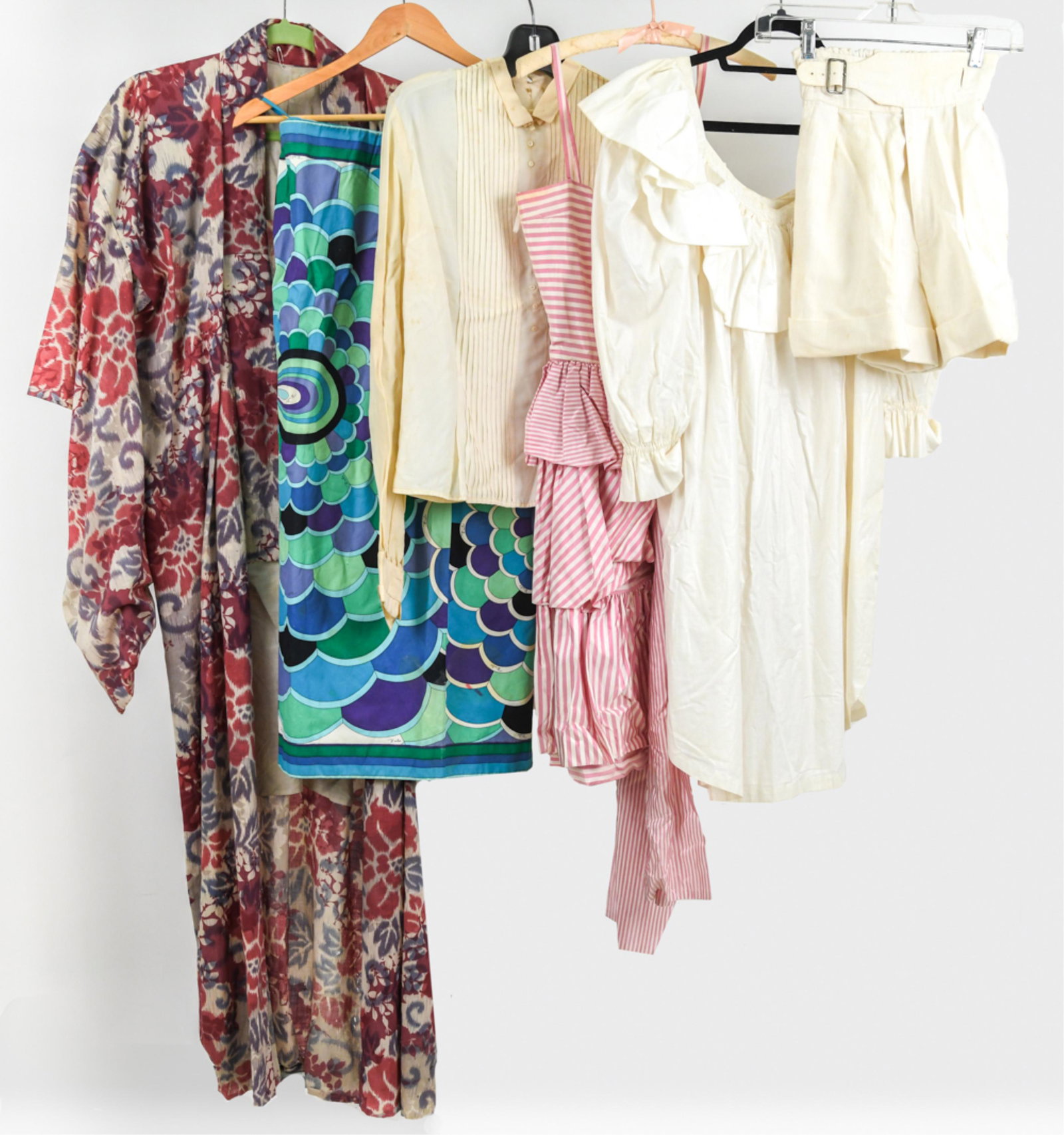 VINTAGE CLOTHING FOR RESTORATION INCL. LANVIN: Grouping of (6) pieces vintage clothing dating from 1940-1980 and in need of some restoration, including: c. 1960s/70s Lanvin Boutique silk faille sundress in a mix of pink and white shirting stripes,