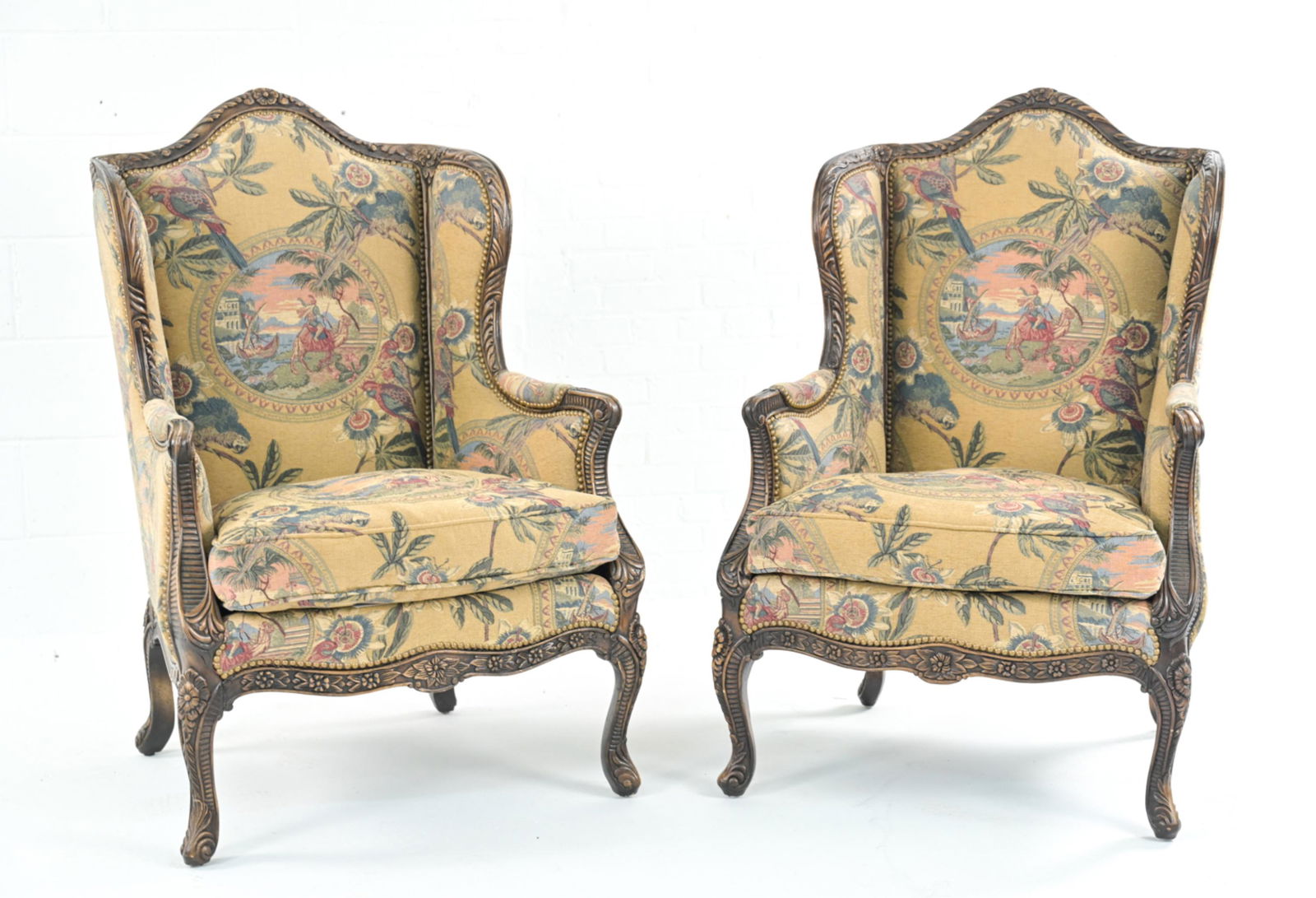 PAIR EJ VICTOR NEEDLEPOINT CARVED WINGBACK CHAIRS (1 of 18)