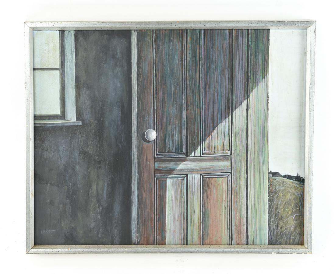 HERBST OIL ON MASONITE: Signed lower left. Dimensions: (Frame) H 17.25" x W 21.25", (Masonite) H 16" x W 20" Condition: Wear to frame. Surface dirt to painting.