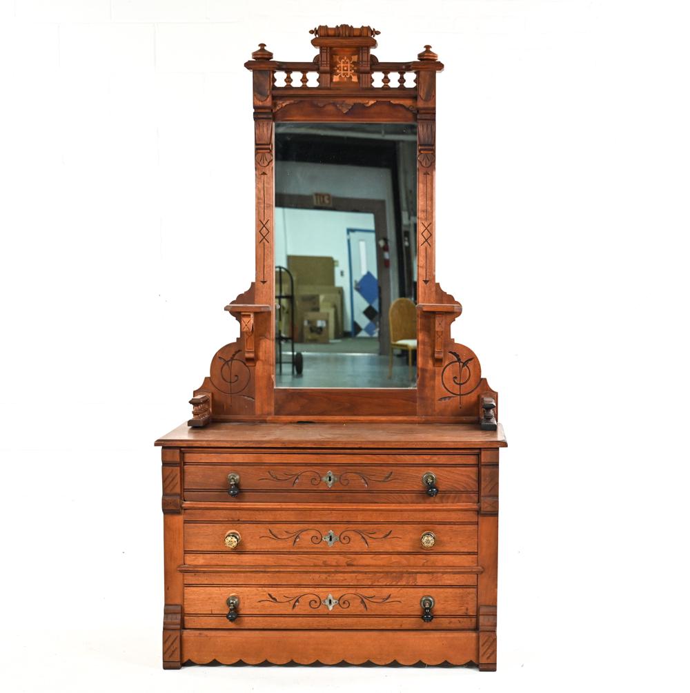 VICTORIAN EASTLAKE WALNUT DRESSER & MIRROR (1 of 15)