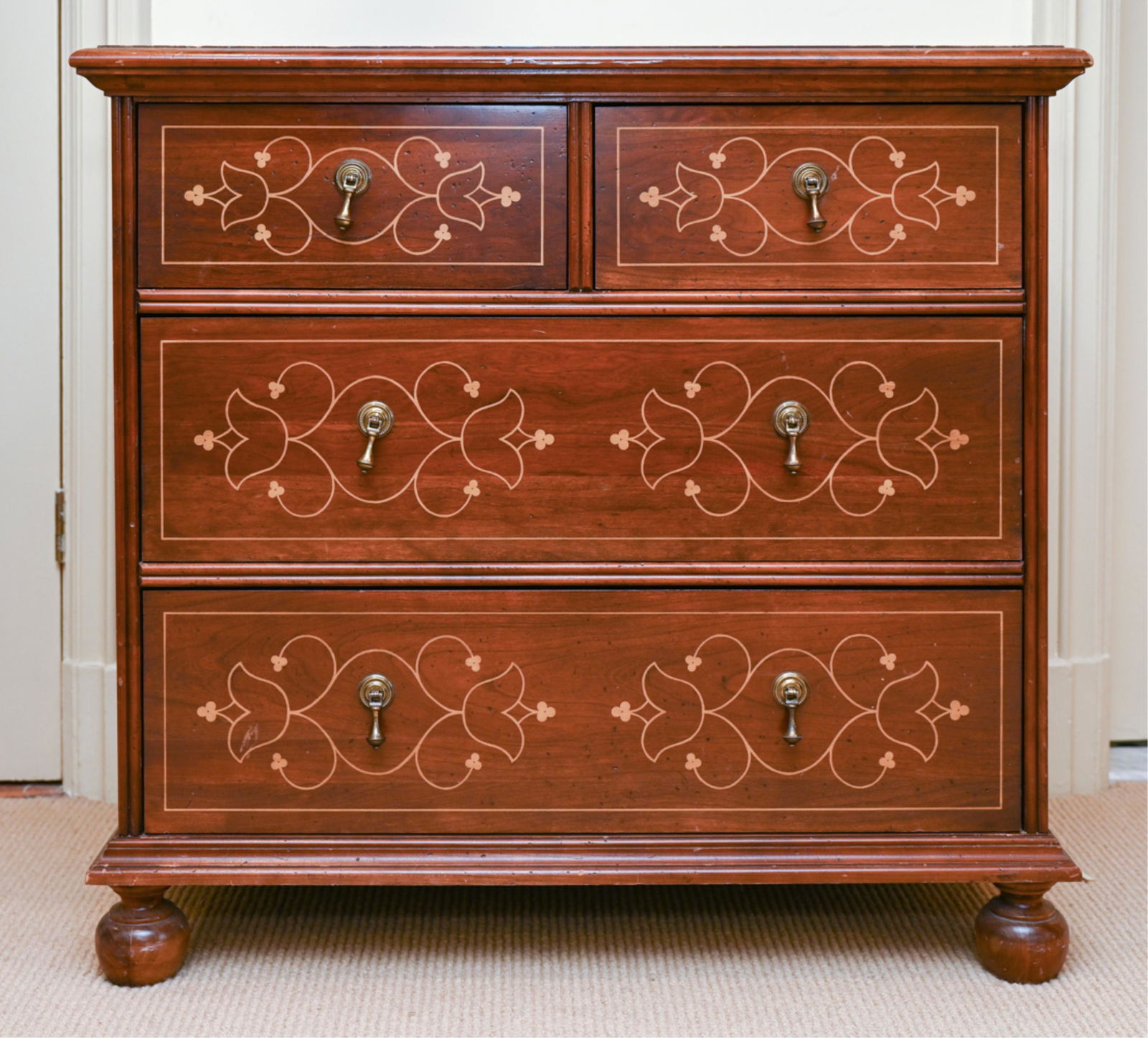 CONTEMPORARY FAUX INLAID CHEST OF DRAWERS: Painted with faux inlay. Dimensions: H 30" x W 32" x D 18.25" Condition: Some finish loss and rubbing. Nicks and dings. Wear consistent with use.
