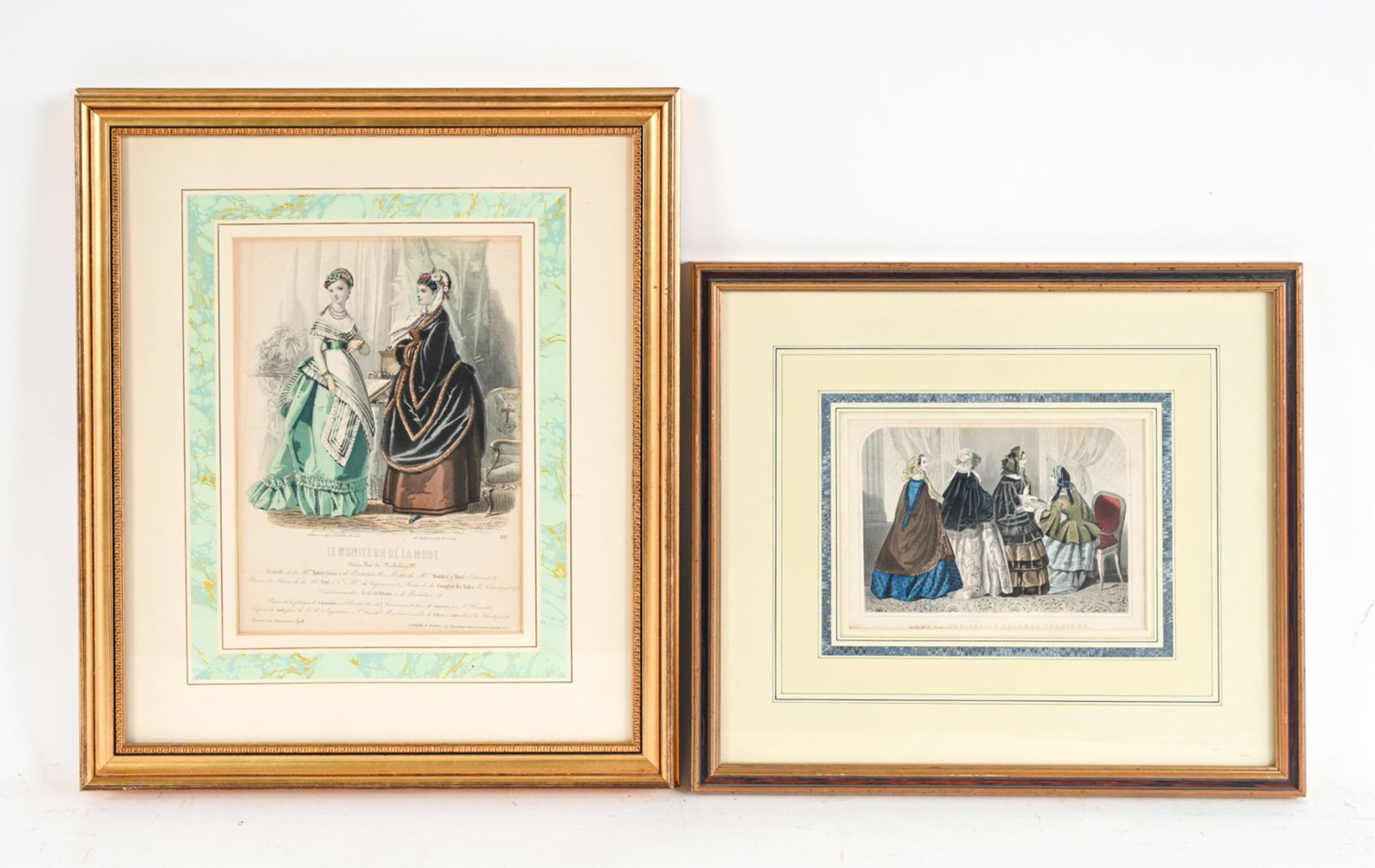 (2) 19TH C. FASHION PRINTS: Titled, "La Moniteur De La Mode" and "Godeys Unrivalled Colored Fashions." Hand-colored engravings. One French, one American. Dimensions: (Frame) H 19" x W 15", (Sight) H 10 " x W 7.5" Condition: Stai