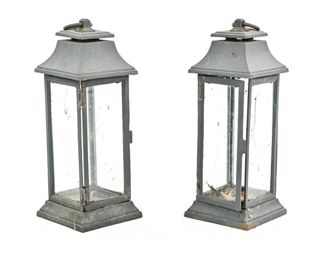 PAIR OF CAST IRON & GLASS OUTDOOR LANTERNS (1 of 5)