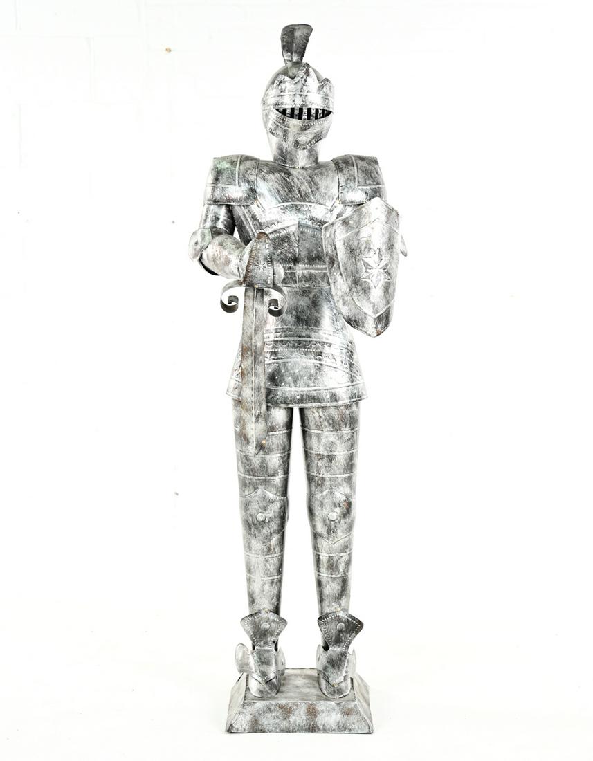 CONTEMPORARY KNIGHT IN SHINING ARMOR SCULPTURE: Painted sheet metal, close to life-size "knight in shining armor." Unsigned. Dimensions: H 63.75" x W 20" x D 17" Condition: No issues to note.