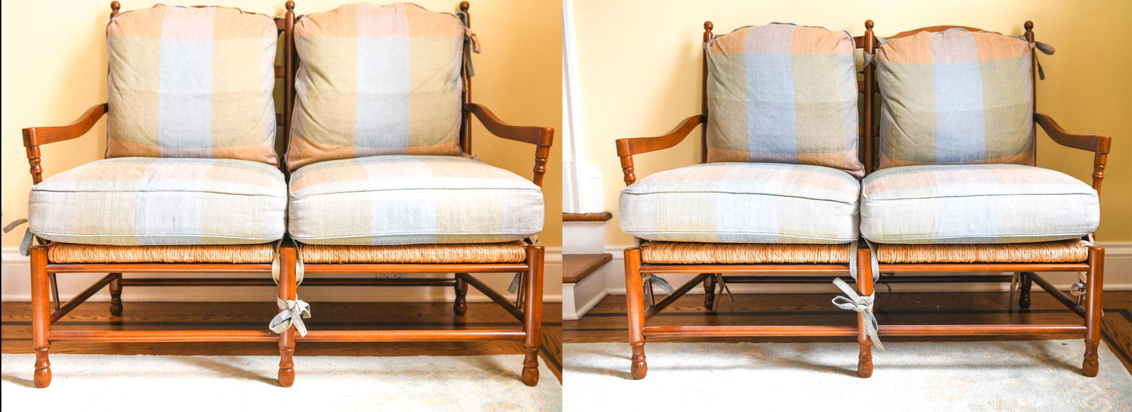 PAIR OF FRENCH PROVINCIAL STYLE SETTEES: With removable plaid cushions and rush seats. From Apropos, covered in Larsen fabric. Originally purchased for $4,054.Dimensions: H 39" x W 52" x D 29" x SH (with cushion) 20"Condition: Minor breaks t