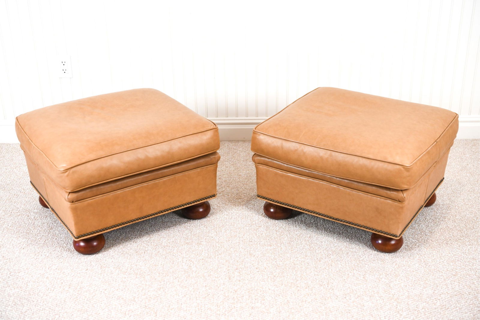 PAIR OF RAWLINGS HICKORY CHAIR LEATHER OTTOMANS (1 of 9)