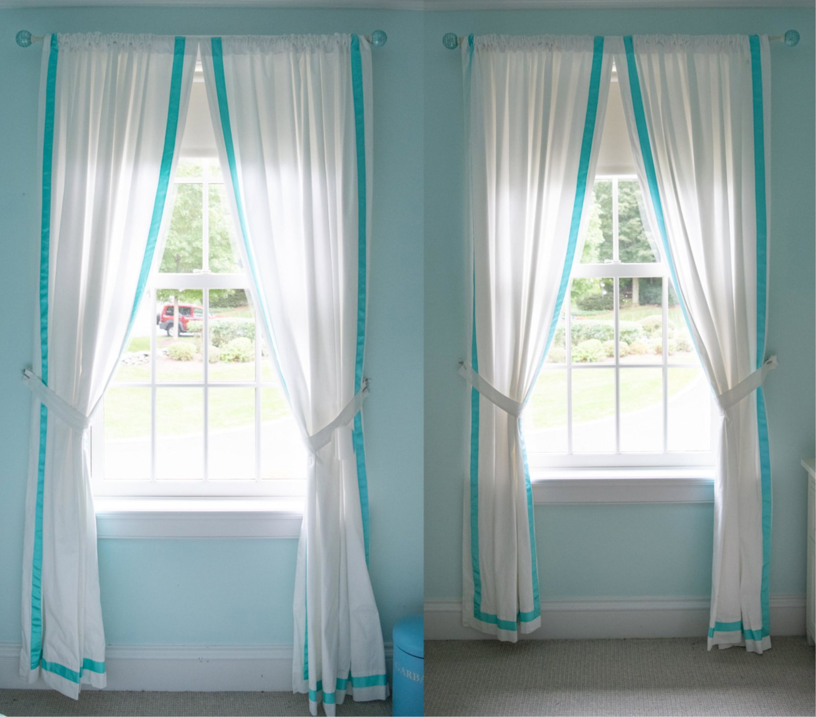 (2) PAIRS OF CURTAINS: White with blue stripes. Dimensions: H 96" x W 24" Condition: Some soiling.