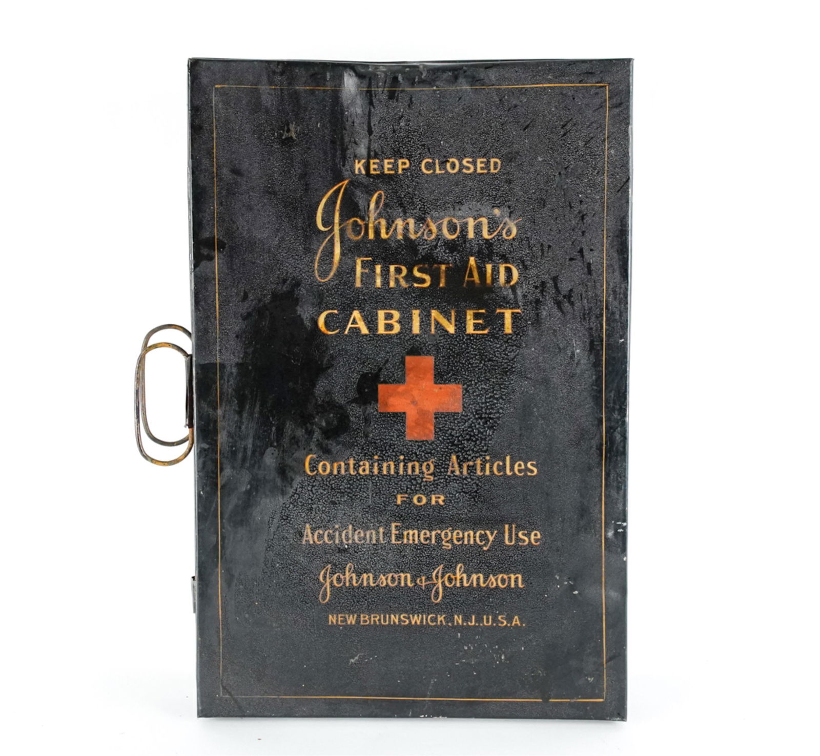 VINTAGE JOHNSON & JOHNSON METAL FIRST AID CABINET: Johnson & Johnson branded wall-hanging first aid kit in black painted metal. Dimensions: H 19" x W 12.5" x D 4.5" Condition: Foxing to interior paper, paint marks, paint losses, dings and areas of rus