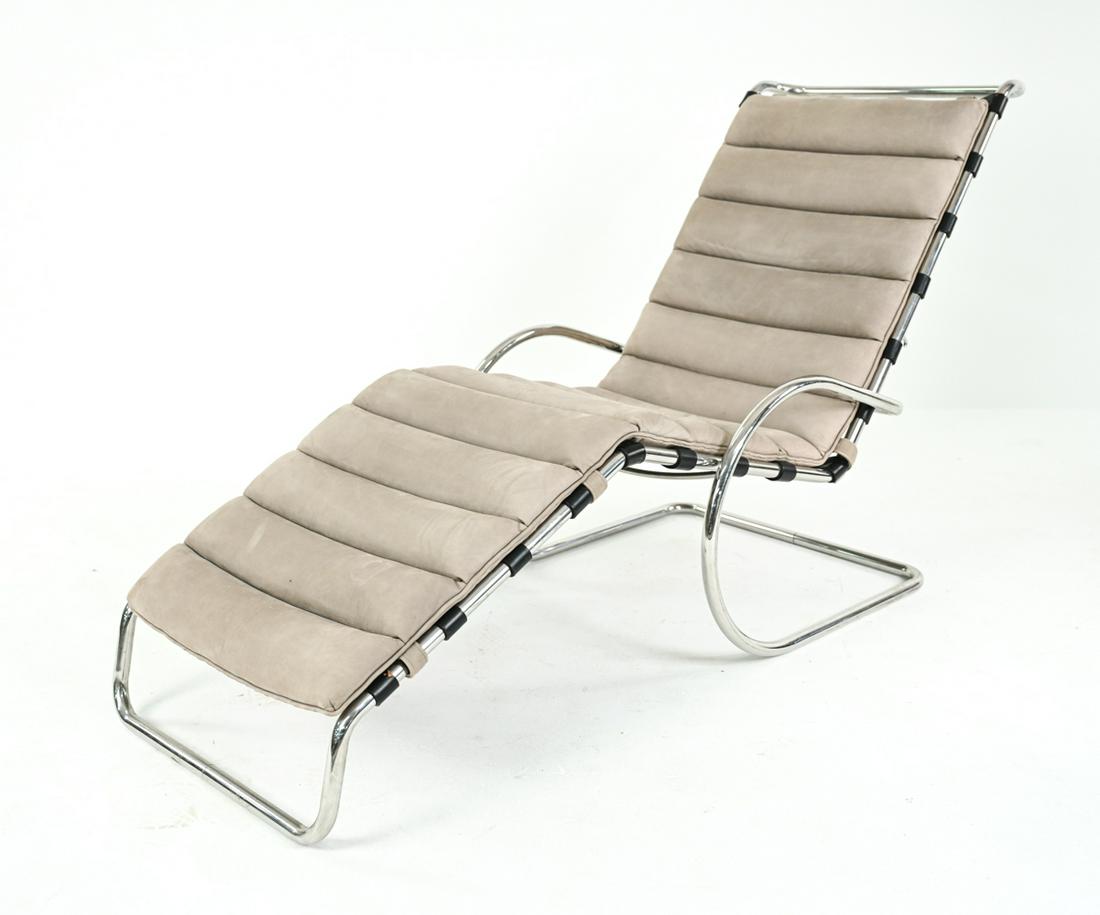 MIES VAN DER ROHE FOR KNOLL INTERNATIONAL CHAISE: With 1981 Knoll International label underneath. 20th century Bauhaus-style chaise lounge designed by Mies Van Der Rohe for Knoll International. Model MR242. With leather strapping. Dimensions: H 31.75