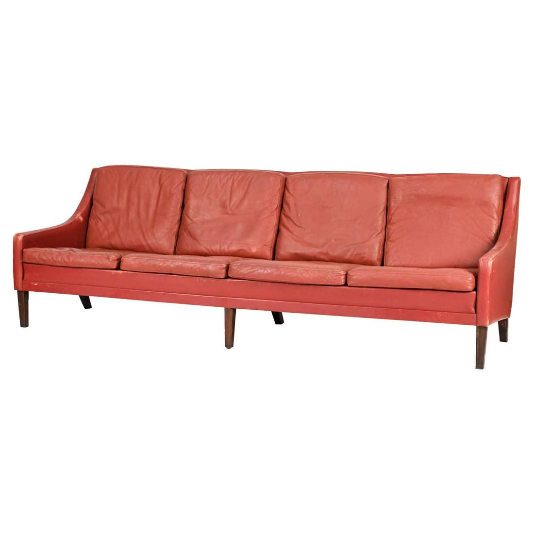 DANISH MID-CENTURY 4-SEATER RED LEATHER SOFA (1 of 20)