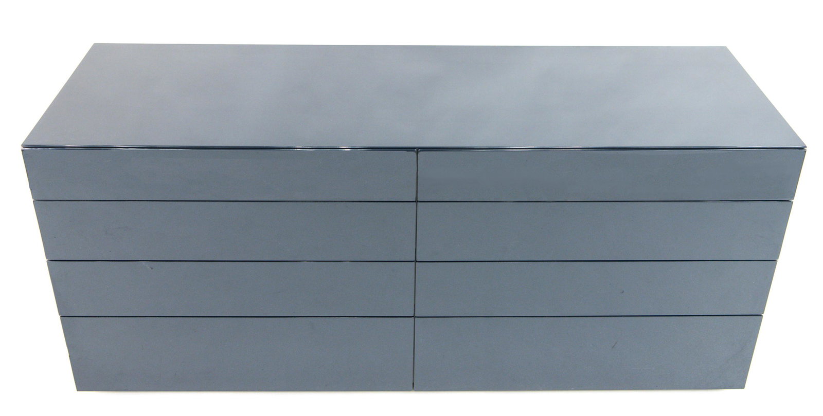 CONTEMPORARY POLIFORM BLUE LACQUER DRESSER: Contemporary double dresser in navy blue lacquer. No apparent labels. Purchased in the UK. Dimensions: H 27.5" x W 61" x D 21" Condition: Few scuffs and scratches to lacquer. Minor wear to edges.