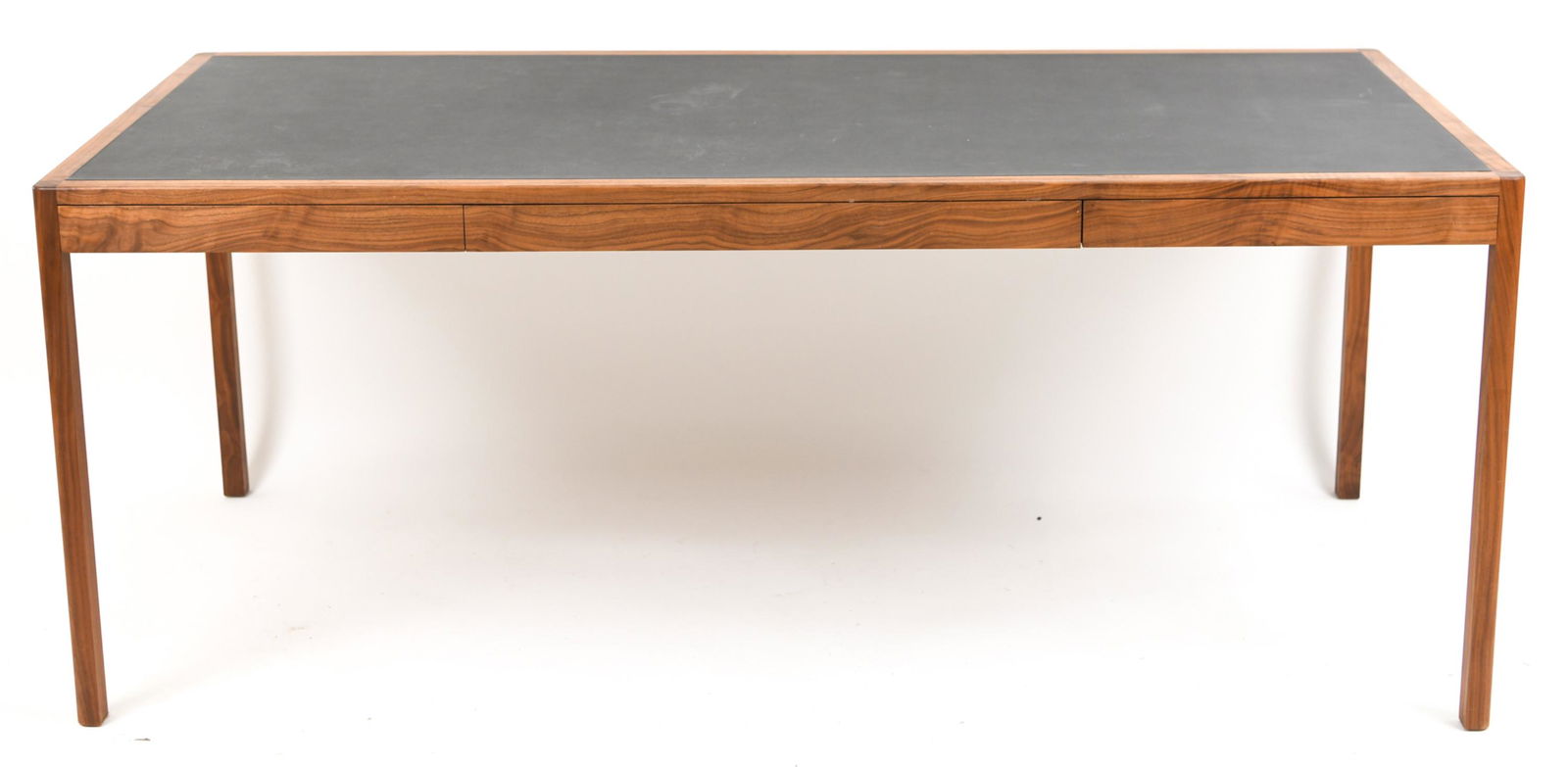 BASSAMFELLOWS LEATHER TOP ROSEWOOD DESK: BassmFellows model CB-311 Leather Desk in solid Santos Rosewood with a full leather hide mounted on a composite plate for lightness and veneered on the underside for visual continuity. Dimensions: H 2